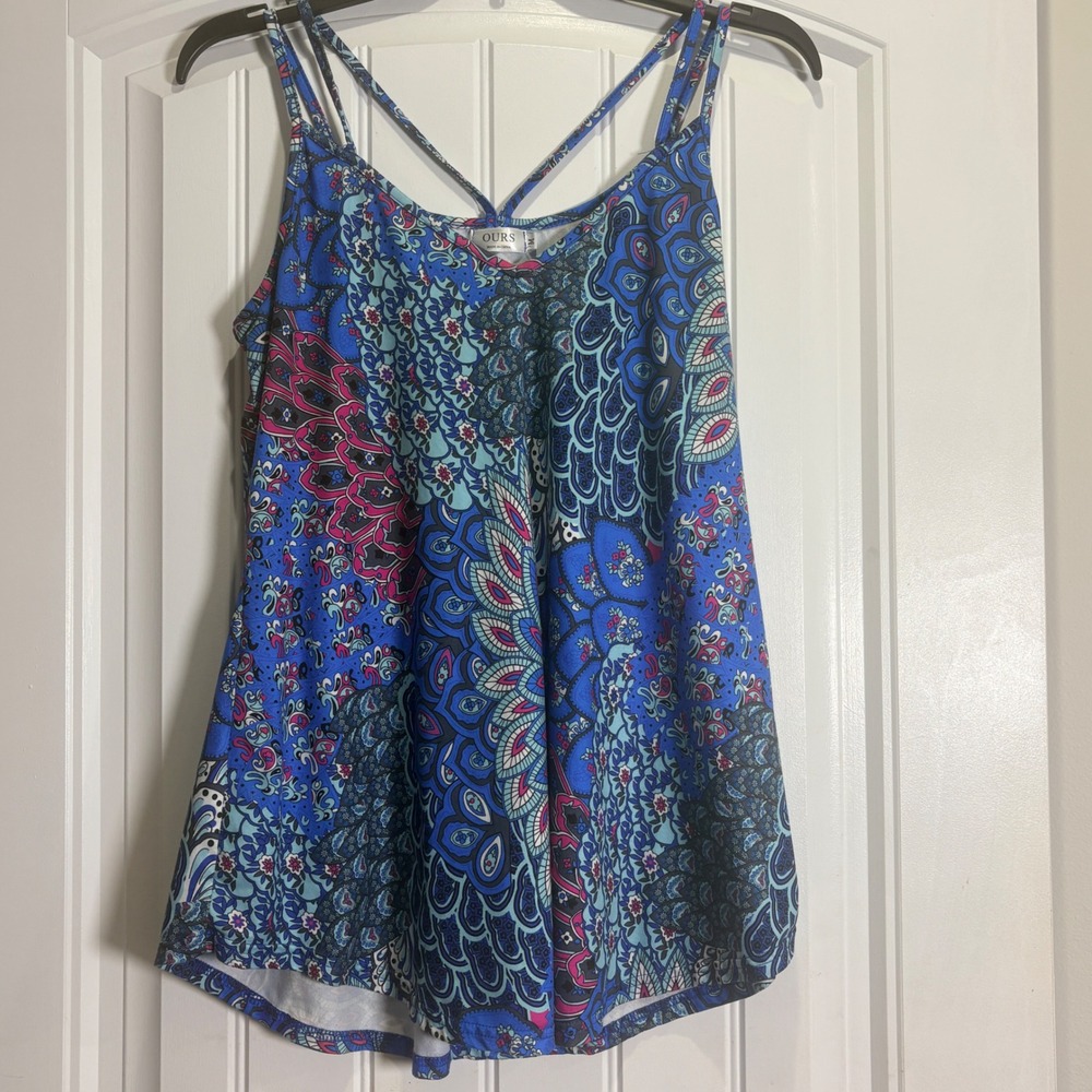 OURS Cami Tank Top Women M Blue Paisley Strappy Criss Cross Back Flowy Boho